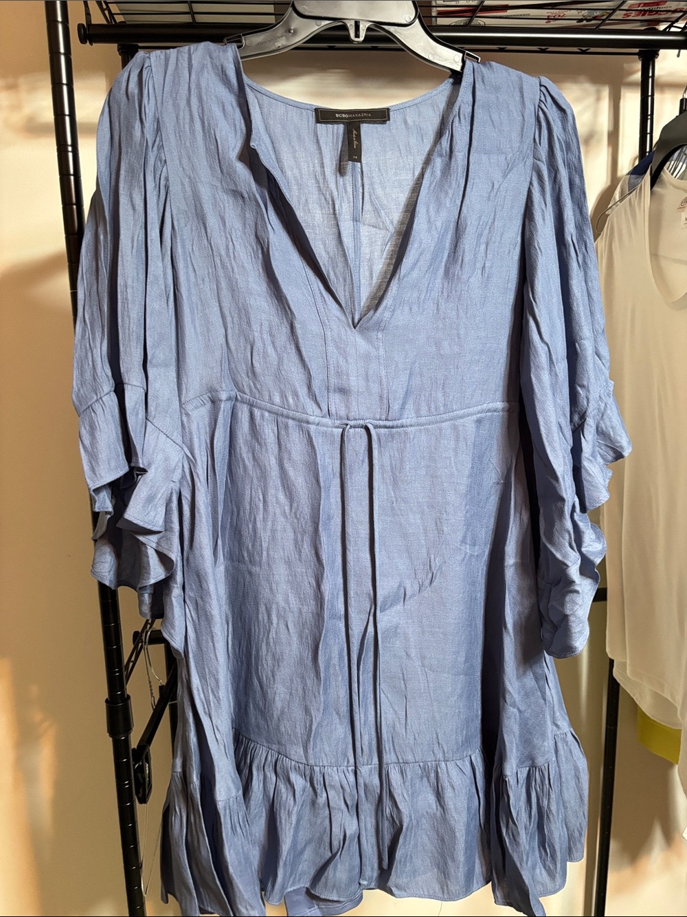 BCBGMaxAzria Light Blue Ruffle-Sleeve V-Neck Mini Dress